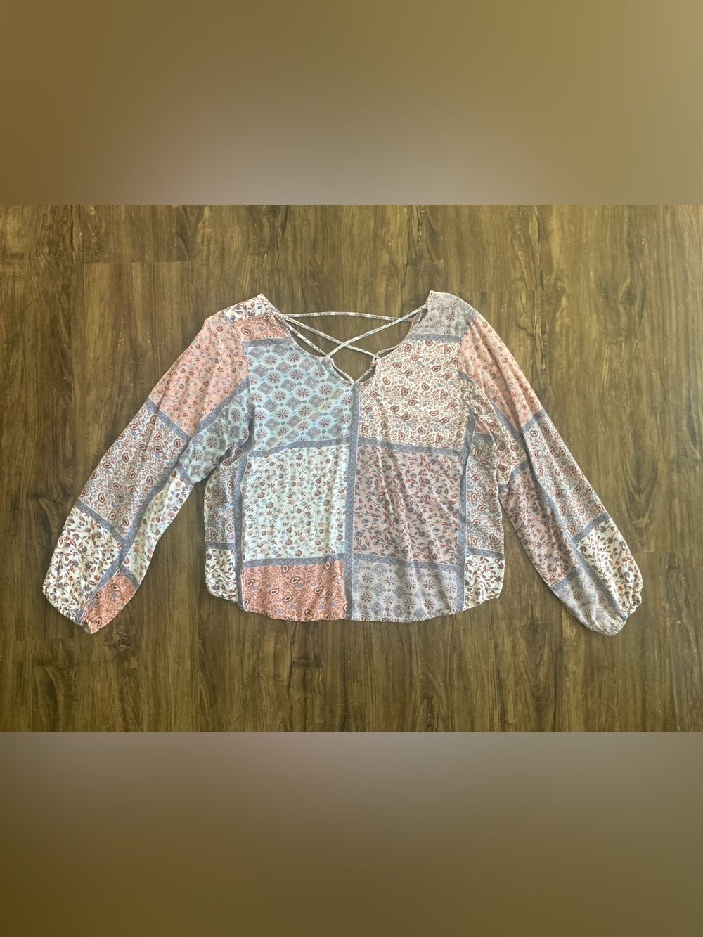 Japna Boho Patchwork Peasant Top with Crisscross Neckline - Pink/Blue